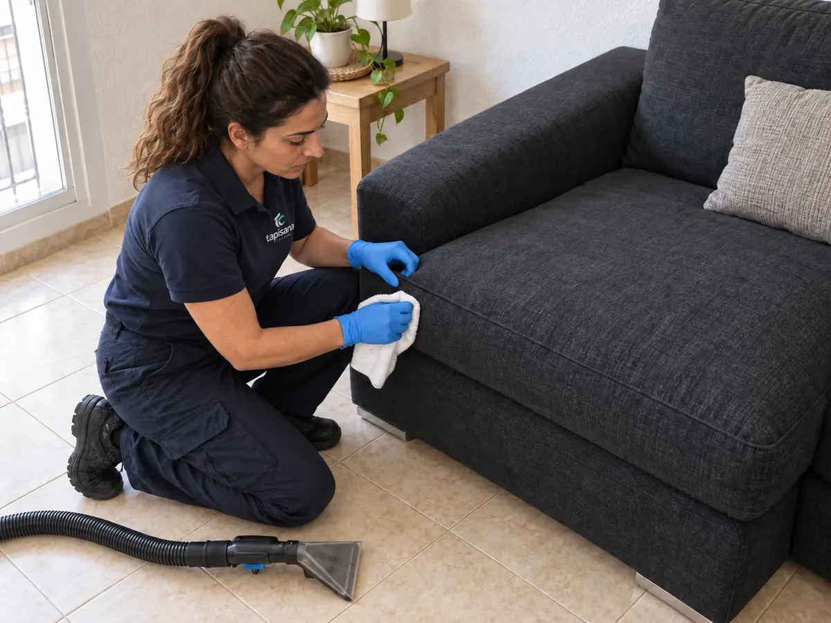 técnica arrodillada limpiando chaise longue gris, plano medio