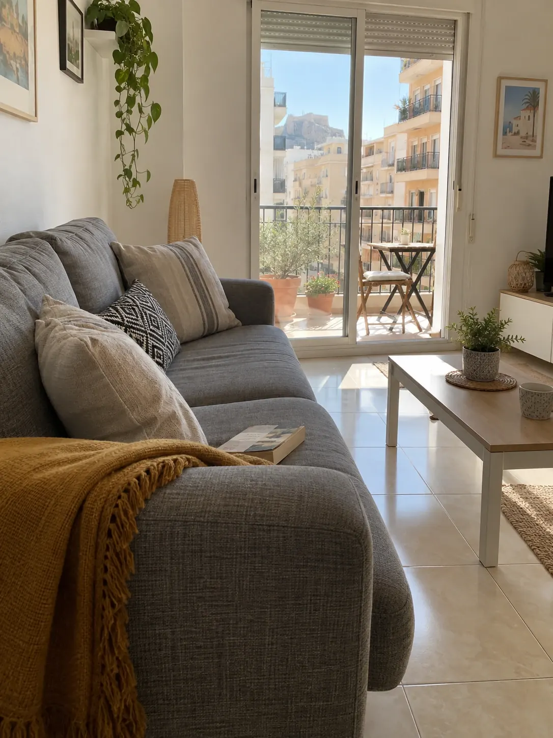Sofá gris limpio en un apartamento de Alicante con terraza y persiana